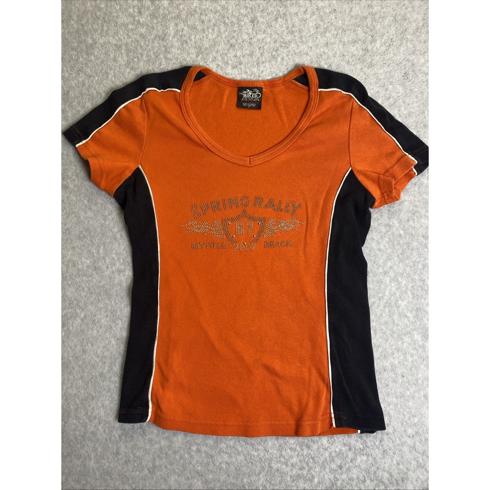 VTG Biker Design Shirt Womens L Orange Rhinestone Myrtle Beach Spring Rally 2007